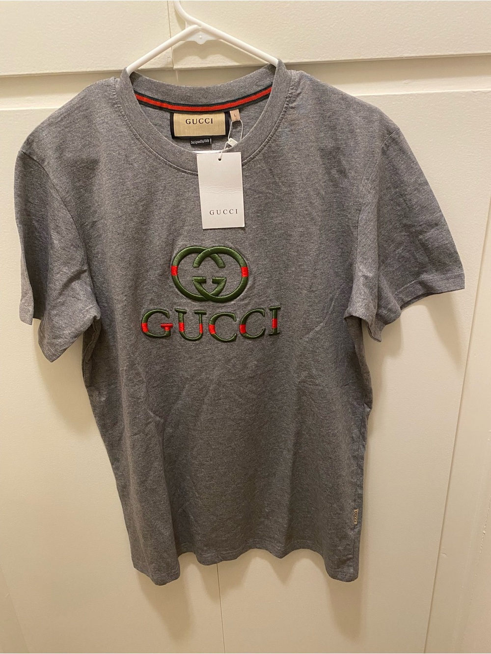 Gucci Gray Short Sleeve Tee with Green & Red Logo